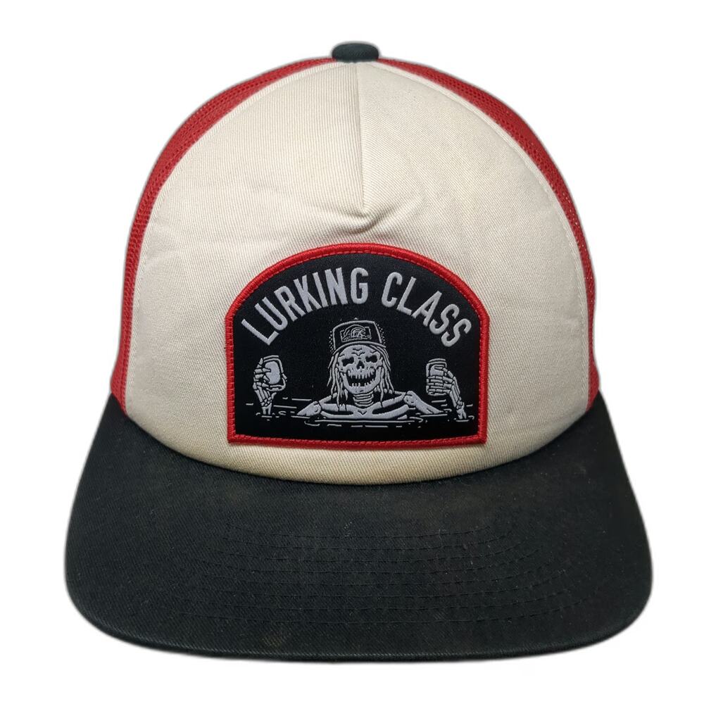 Lurking Class Trucker Hat Red One Size Skeleton Patch Mesh Back Snapback Barbed